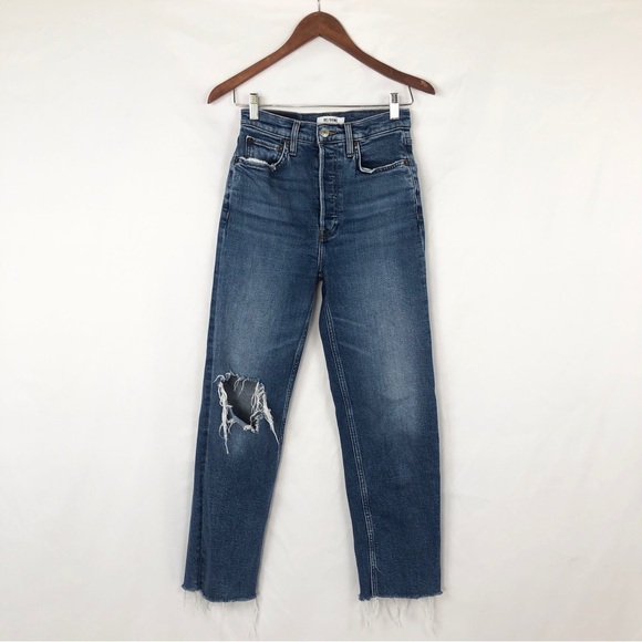 Redone 70s Ultra High Rise Stove Pipe Vintage Indigo Destroy Size 26 - Picture 2 of 9